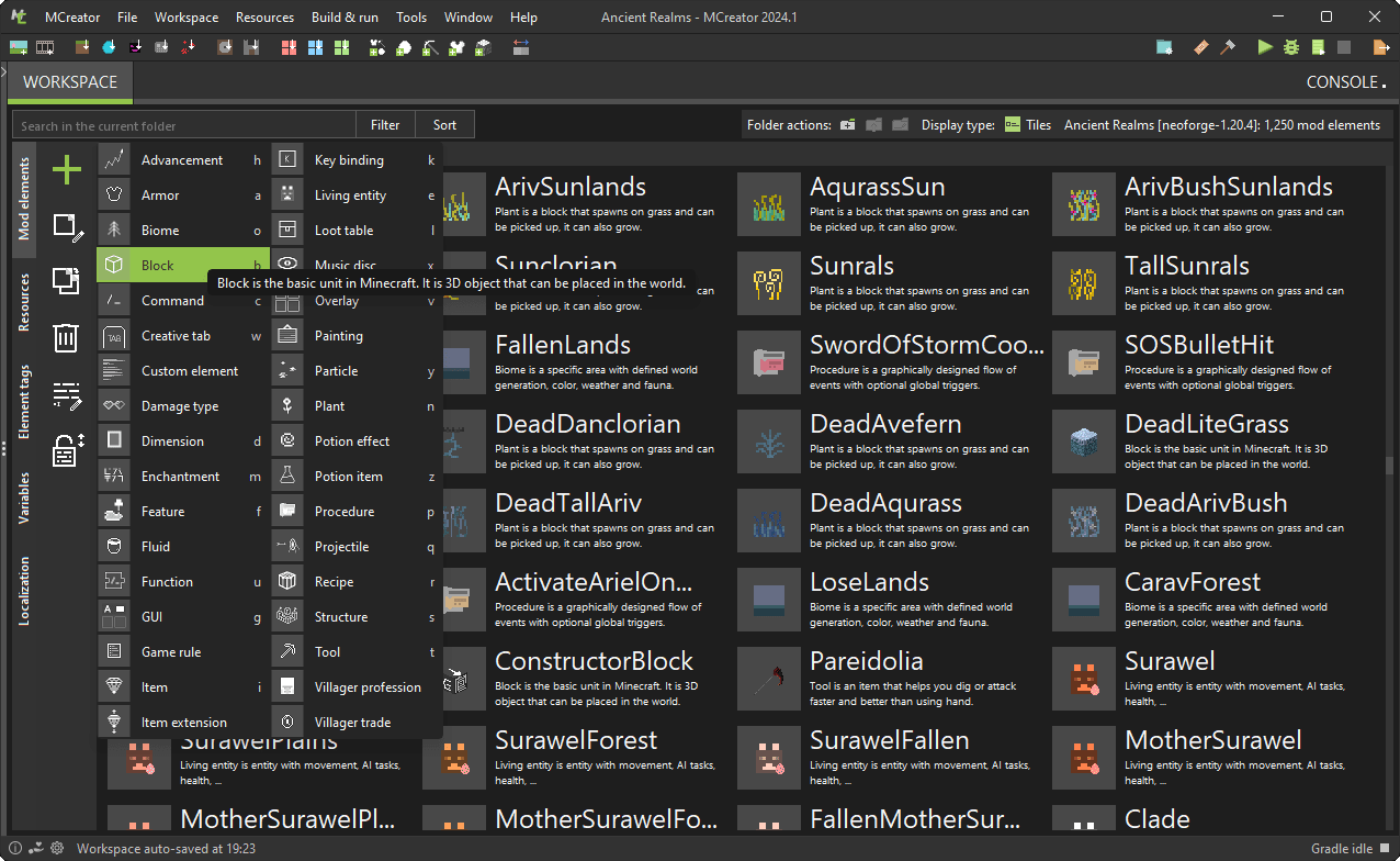 MCreator's main interface and mod list