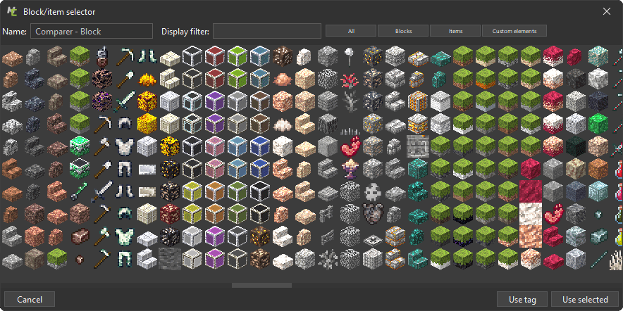 Item and block selector. Supports custom mod elements and sorting.