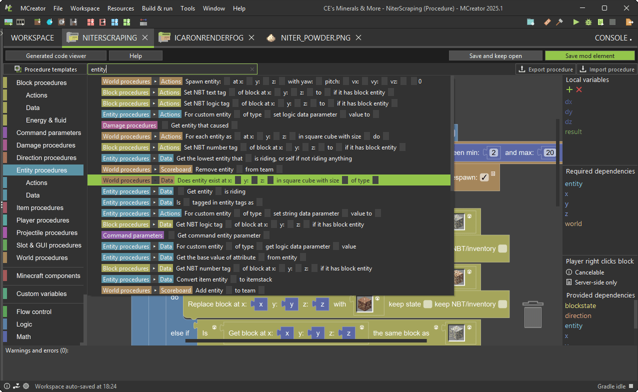 MCreator procedure editor for graphical programming of Minecraft