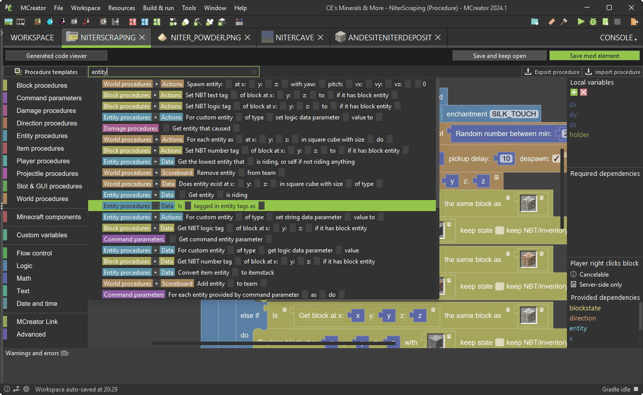 MCreator procedure editor for graphical programming of Minecraft
