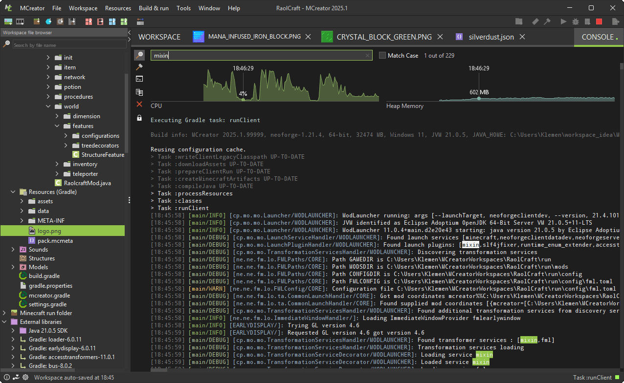 MCreator's Minecraft mod debugging console and compiler