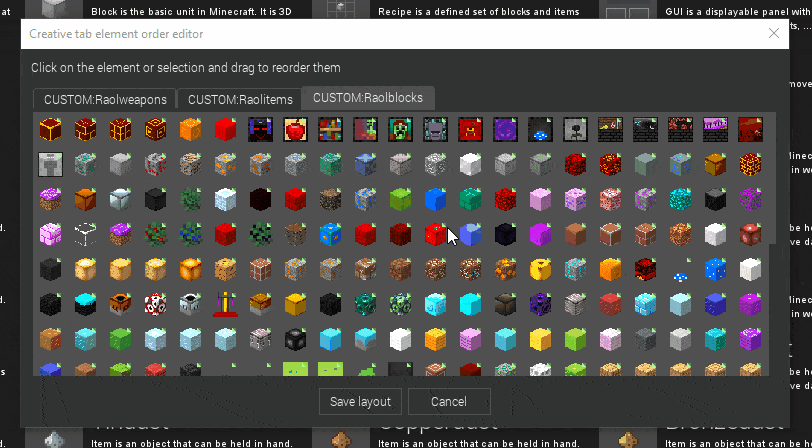 Minecraft creative tab items sorting and ordering