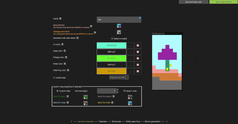 New Minecraft biome features in MCreator's user interface