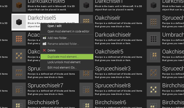 Mod element list context menu in MCreator