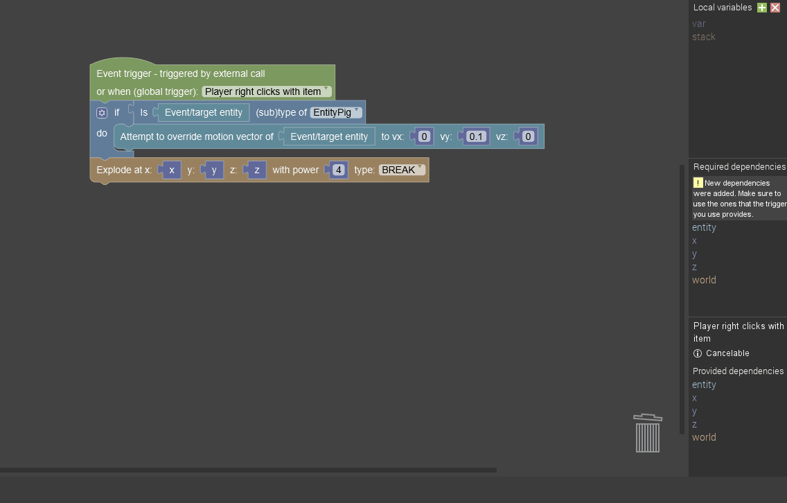 Variable shortcuts in MCreator procedure editor for Minecraft