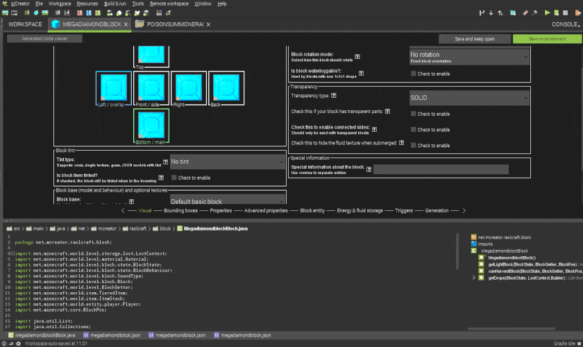 Realtime generated Minecraft mod code preview