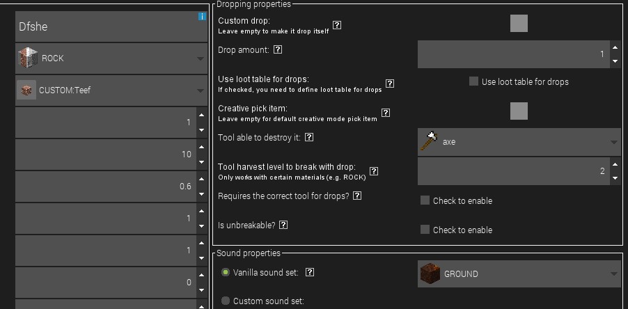 More refined harvest settings for custom block mod element in MCreator