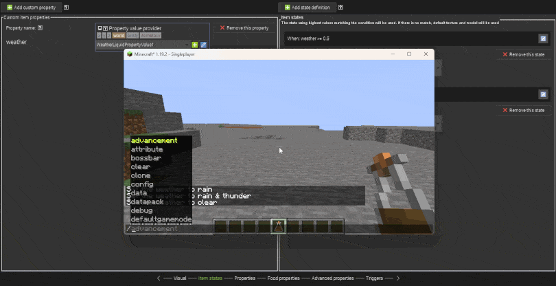 Minecraft item properties demo in MCreator. Change item models and textures with procedures