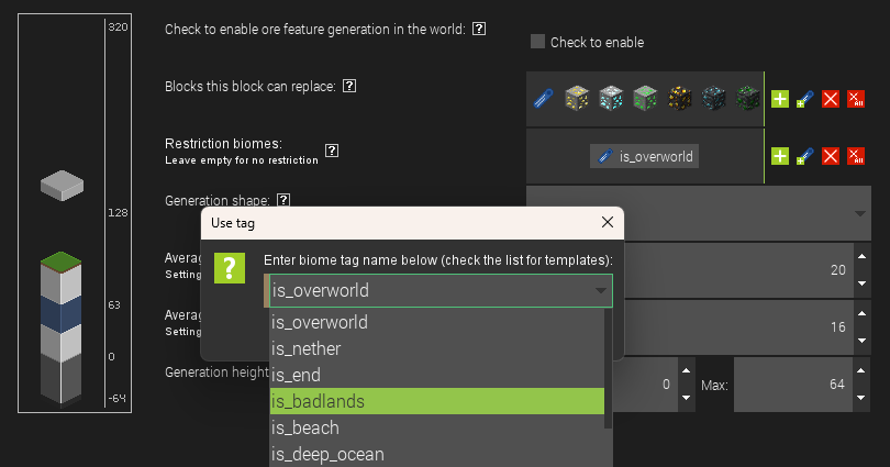 Biome tags with suggestions, biome tags can be used to define restriction biomes list for custom Minecraft ores in MCreator mod making toolkit