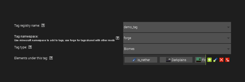 Existing tags as part of newly defined Minecraft tags in MCreator mod creation tool