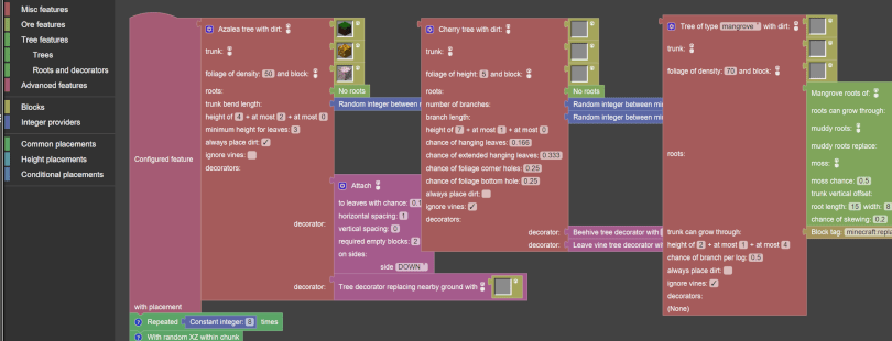 Some of the new tree features supported in MCreator in the Blockly feature editor