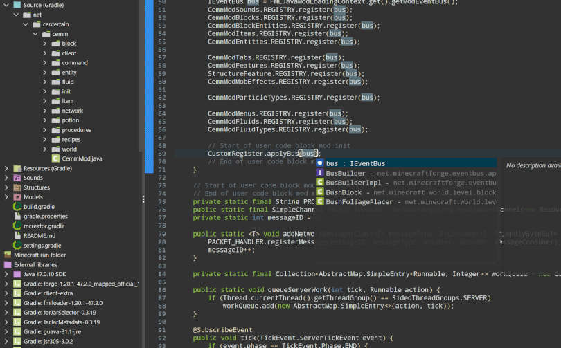 Custom user code blocks inside code generated by MCreator