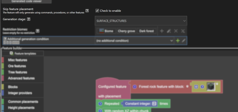Custom Minecraft features can now skip placement in MCreator Minecraft mod maker