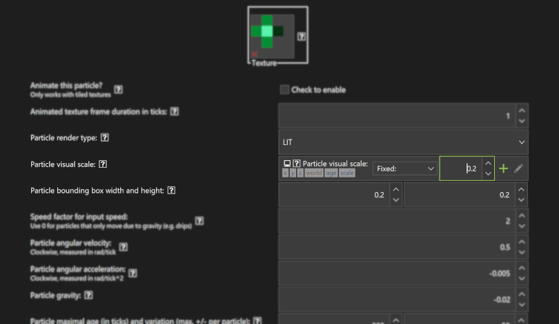 Dynamic particle visual scale parameter in Minecraft mod maker MCreator