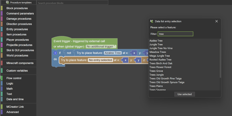 New procedure block to place any custom or vanilla Minecraft feature on a desired position in the Minecraft world