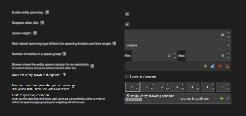 Custom Minecraft raider entity raid wave group size parameter in MCreator mod maker