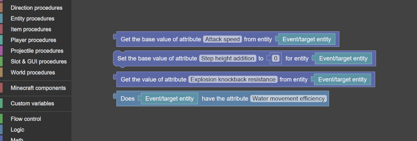 Entity attribute procedure blocks in MCreator