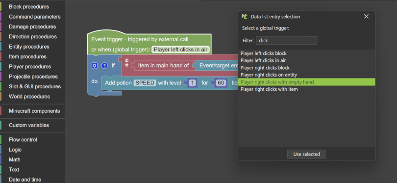 One can now specify Minecraft player left and right click global procedure triggers