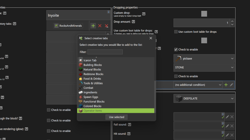 One can now add custom items and blocks made using MCreator Minecraft mod maker to the operator items creative menu tab