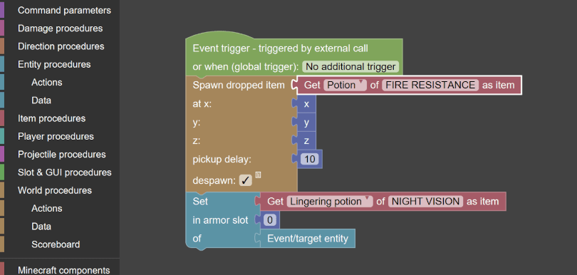 Procedure blocks to get Minecraft potion as item in MCreator mod maker