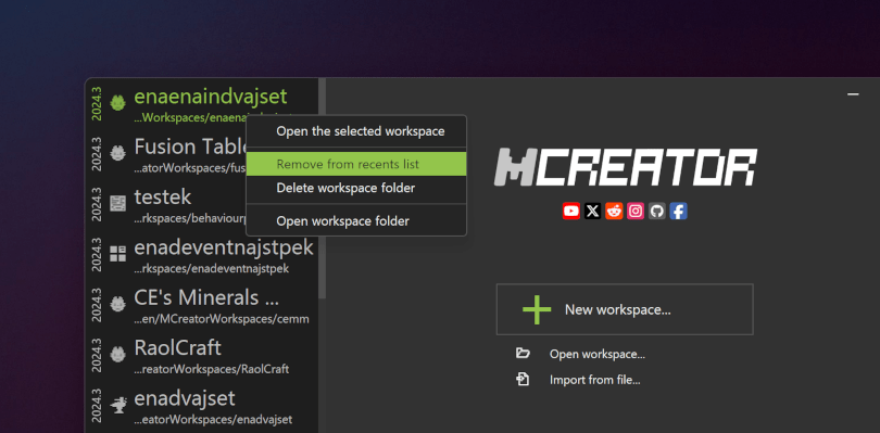 Workspace selector context menu