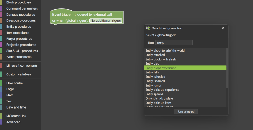 One can now search for global procedure triggers in MCreator Minecraft mod maker
