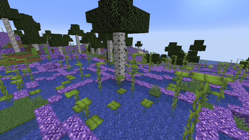 Vegetation patch feature designed in MCreator generating in Minecraft