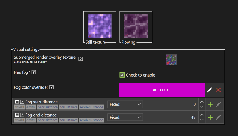 New Minecraft fluid visual parameters including overlay texture and fog color and render distance