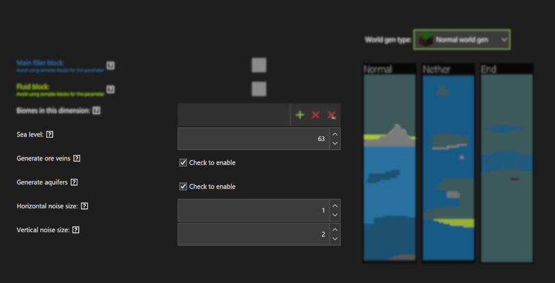 New dimension parameters in Minecraft mod maker allow one to scale the noise values