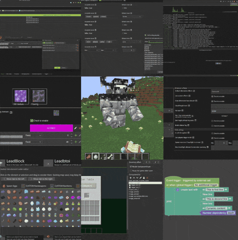 Collage of just some of the features coming to MCreator Minecraft Mod Maker that will completely change the way on how to make a Minecraft mod