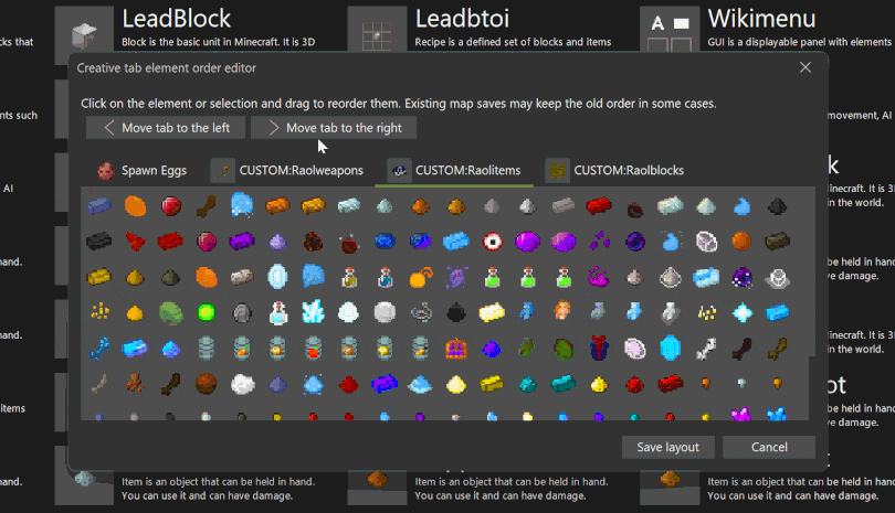 One can now alter order of custom Minecraft creative tabs