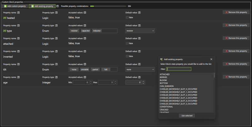 MCreator now supports specifiying vanilla block state properties too and also shows combination count