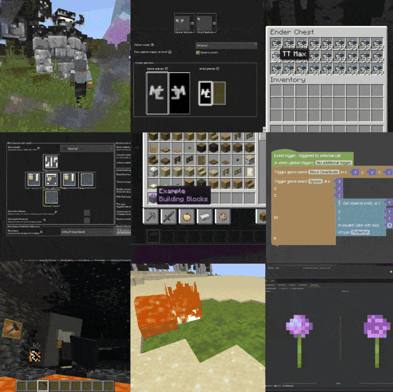 MCreator 2025.2 feature collage one - custom Minecraft entity animations - Minecraft mod maker features free