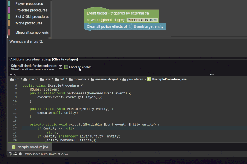 Example of how the code changes if one disables the dependency null check in MCreator mod maker