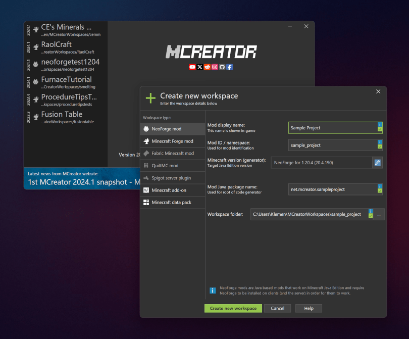 New MCreator workspace selector with refreshed look