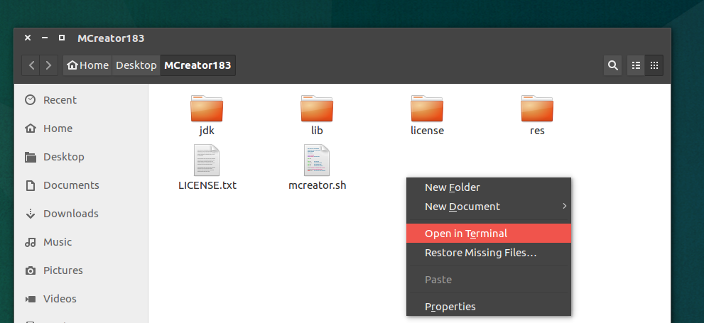 Linux - open MCreator folder in Terminal