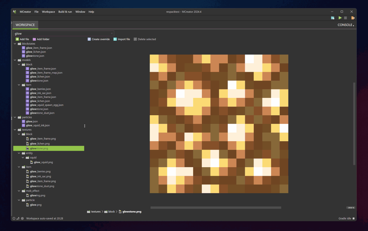 Resource pack editor with built-in testing functionality