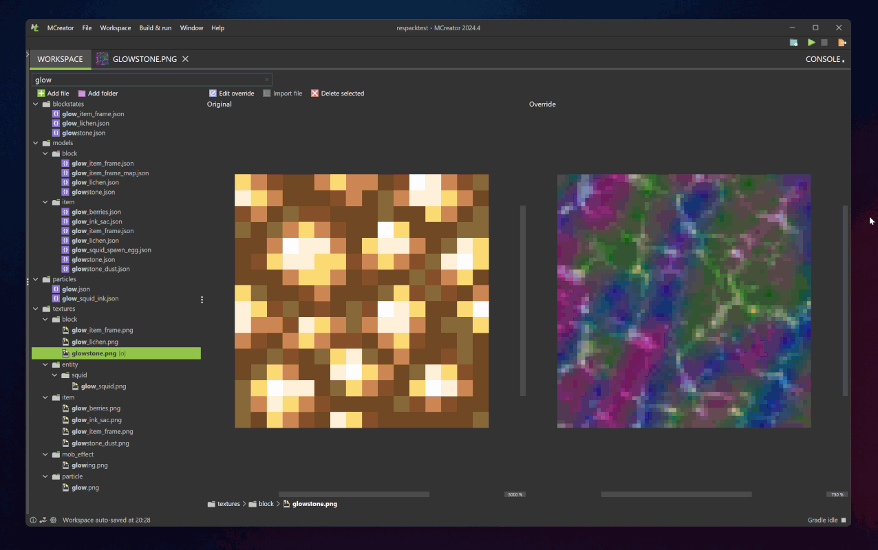 Editing resource pack file overrides within the MCreator resource pack maker