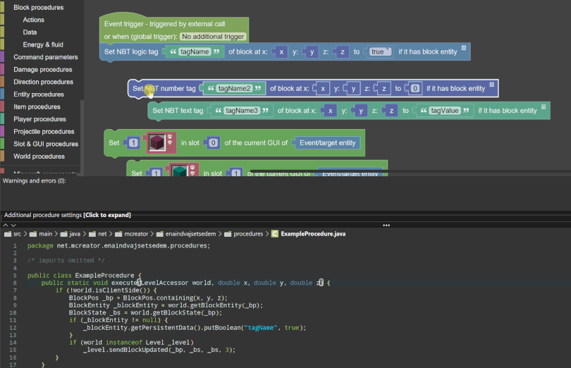 Example of procedure grouping in MCreator to optimize Minecraft game performance
