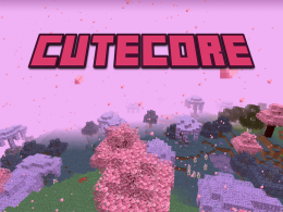 Mod Banner; Showcases the Cutecore logo overlooking the new Cherry Blossom and Wisteria Tree forest biomes.