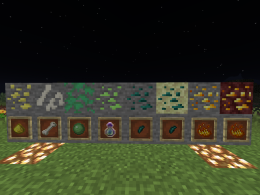 6 new ores! (from left to right) Sulfur, Fossil, Slime, EXP, Enderite, Enderite (end), Ember, Ember (Nether).