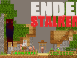 The Logo of the Ender Stalkers mod in a village with one of the Ender stalkers seen in the mod!