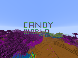 Candyworld text made out of Rainbow Blocks with the Candyworld dimension in the background.