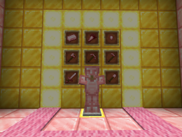 A room made out of rose gold and golden blocks showing the rose gold armor on an armor stand, surrounded by every item in the mod in item frames.