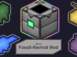 The mod logo, showcasing the Fossil Reviver, as well as all 4 mobs' glowing silhouettes overlaying a tiled background of a block associated with their respective theming.