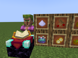 A Creepy Druid Villager with their workstation of an enchanting table beside a display of the six items added by the mod.