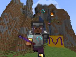 Image of character holding wand wearing wizard hat and robes with the projectiles shot by wand.