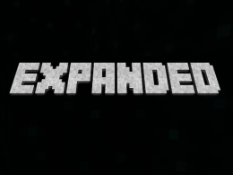 The word "expanded" in Minecraft format on a sculk background