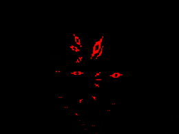 A close up image of a shadowy entity covered in several glowing red eyes.
