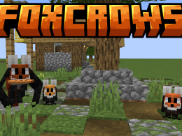 Three foxcrows, one of which is flying and holding a cookie, are in front of a village planter and in front of an orange Minecraft font logo reading Foxcrows.